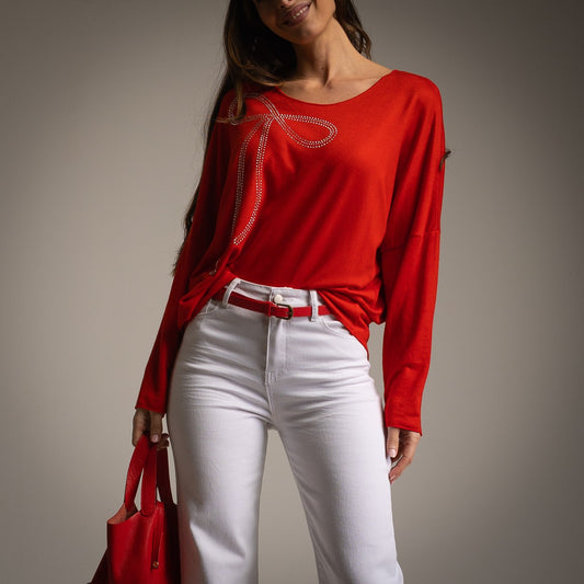 T-SHIRT AVEC NŒUD EN STRASS ROUGE